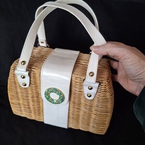 Lilly Pulitzer Wicker Straw Bag Pink Rhinestone Turquoise Clasp Purse